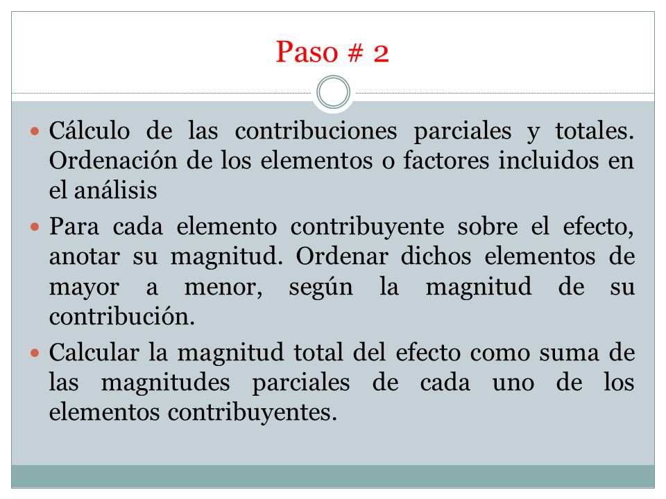 Paso # 2 Cálculo de las contribuciones parciales y totales. Ordenación de los elementos o factores incluidos en el análisis.