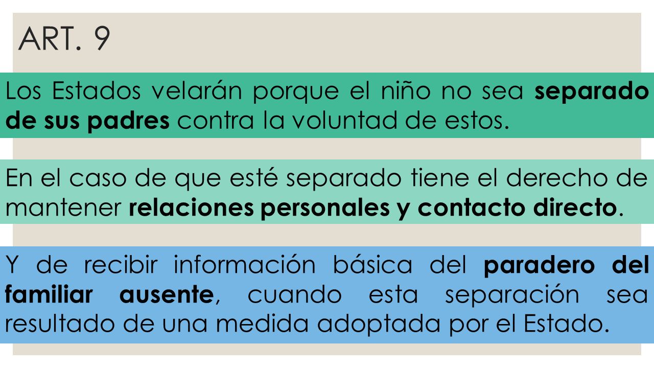 ART. 9 Los Estados velarán porque el niño no sea separado de sus padres contra la voluntad de estos.
