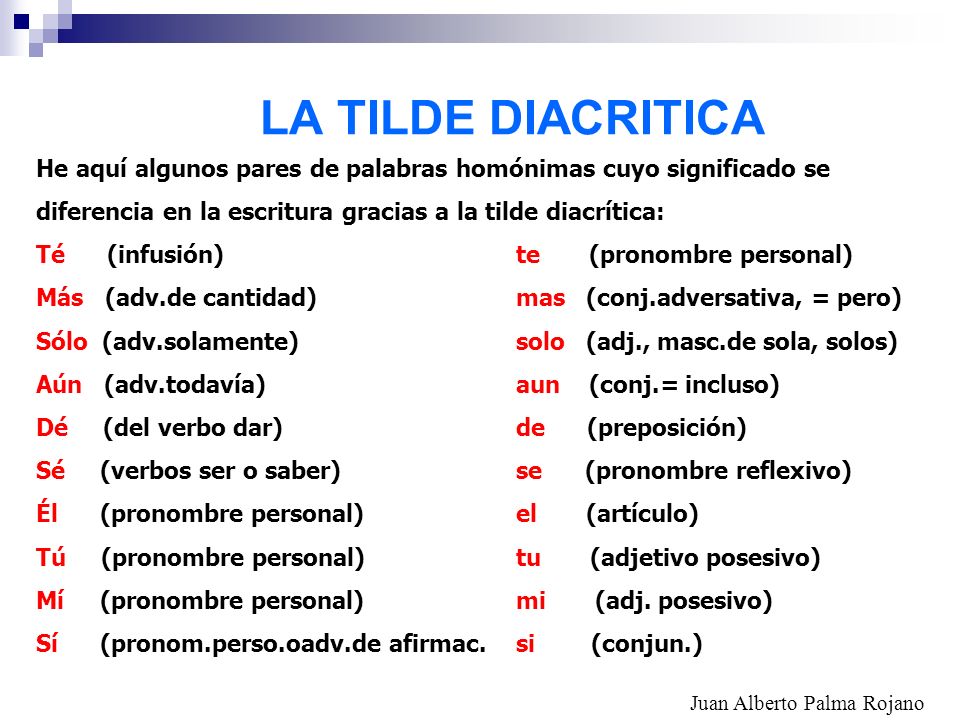 LA TILDE DIACRITICA He aquí algunos pares de palabras homónimas cuyo significado se. diferencia en la escritura gracias a la tilde diacrítica: