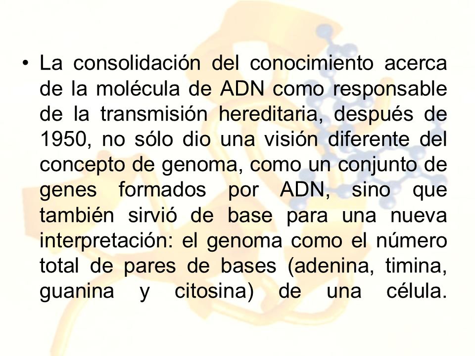 La consolidación del conocimiento acerca de la molécula de ADN como responsable de la transmisión hereditaria, después de 1950, no sólo dio una visión diferente del concepto de genoma, como un conjunto de genes formados por ADN, sino que también sirvió de base para una nueva interpretación: el genoma como el número total de pares de bases (adenina, timina, guanina y citosina) de una célula.
