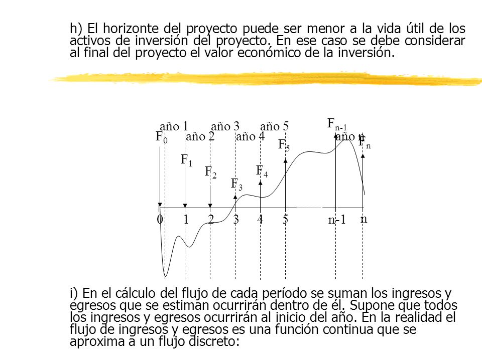 h) El horizonte del proyecto puede ser menor a la vida útil de los activos de inversión del proyecto. En ese caso se debe considerar al final del proyecto el valor económico de la inversión.