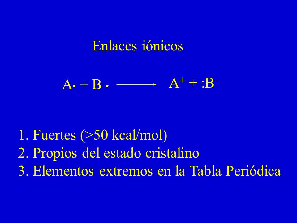 Enlaces iónicos A• + B • A+ + :B- 1. Fuertes (>50 kcal/mol) 2.