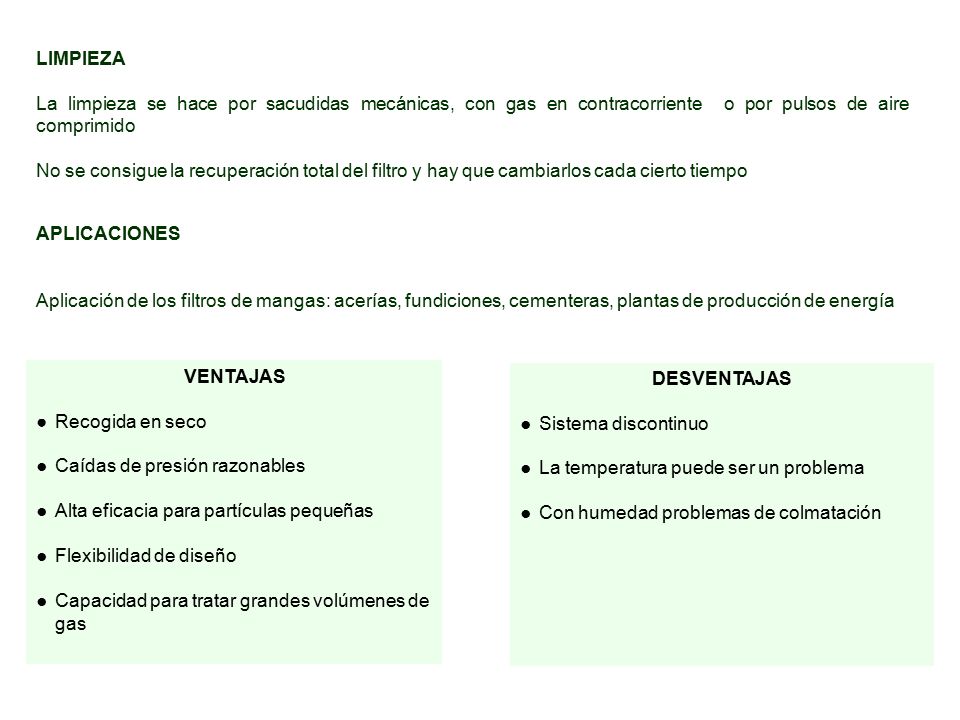 LIMPIEZA La limpieza se hace por sacudidas mecánicas, con gas en contracorriente o por pulsos de aire comprimido.