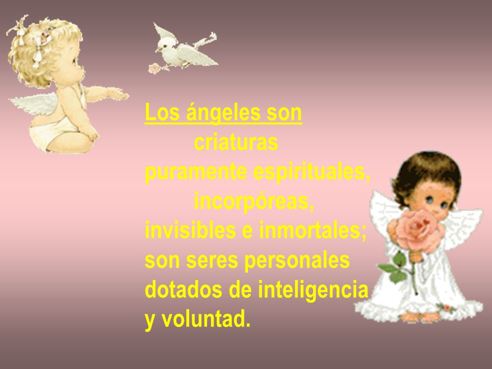 Los ángeles son criaturas puramente espirituales, incorpóreas, invisibles e inmortales; son seres personales dotados de inteligencia y voluntad.