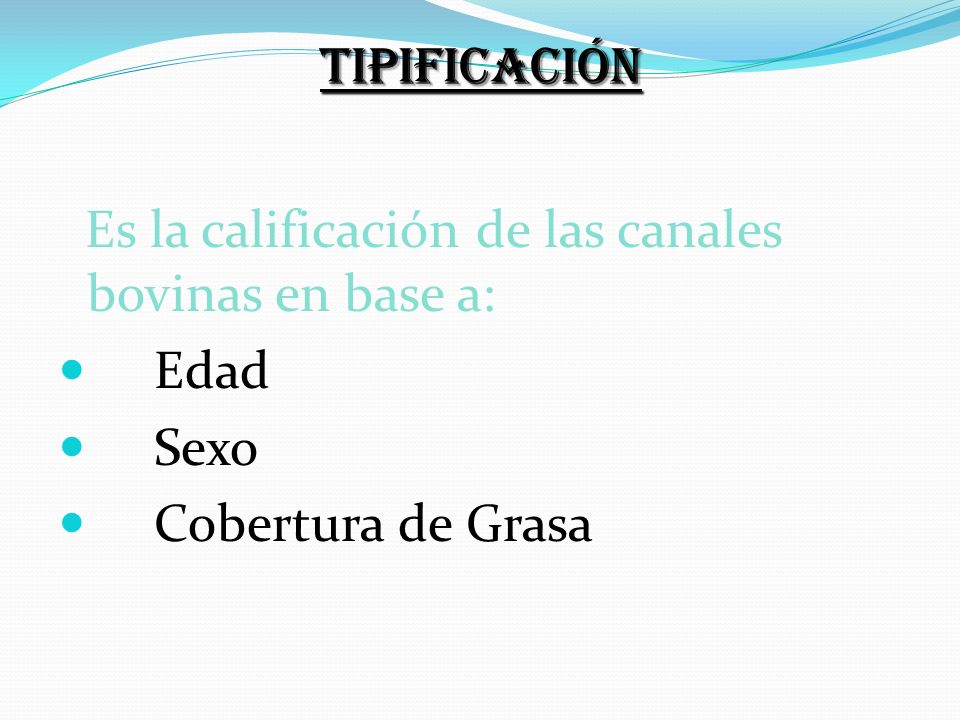 Tipificación Es la calificación de las canales bovinas en base a: Edad Sexo Cobertura de Grasa