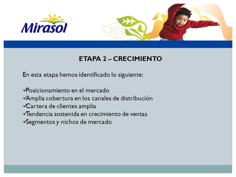 ETAPA 2 – CRECIMIENTO En esta etapa hemos identificado lo siguiente: Posicionamiento en el mercado.