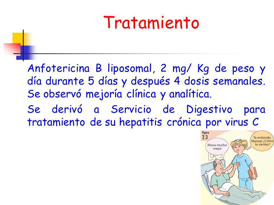 Tratamiento Anfotericina B liposomal, 2 mg/ Kg de peso y día durante 5 días y después 4 dosis semanales. Se observó mejoría clínica y analítica.