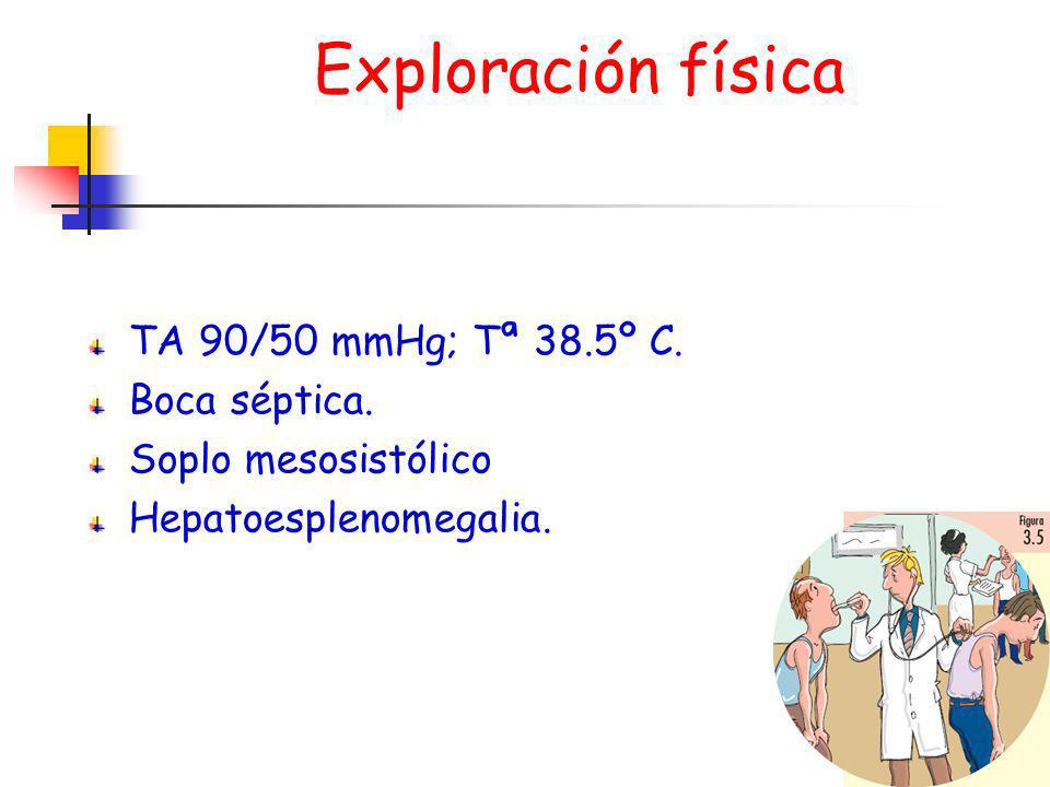 Exploración física TA 90/50 mmHg; Tª 38.5º C. Boca séptica.