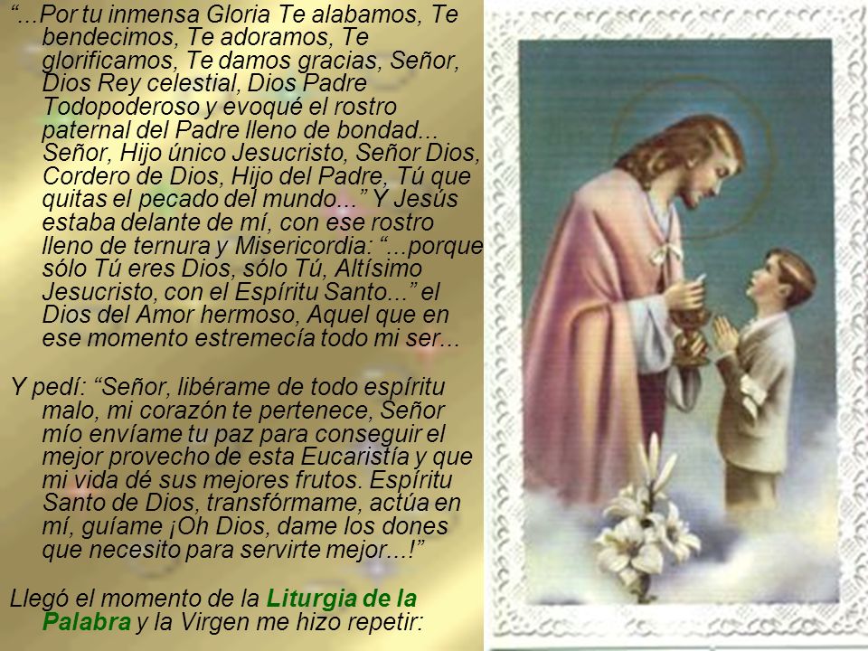 ...Por tu inmensa Gloria Te alabamos, Te bendecimos, Te adoramos, Te glorificamos, Te damos gracias, Señor, Dios Rey celestial, Dios Padre Todopoderoso y evoqué el rostro paternal del Padre lleno de bondad... Señor, Hijo único Jesucristo, Señor Dios, Cordero de Dios, Hijo del Padre, Tú que quitas el pecado del mundo... Y Jesús estaba delante de mí, con ese rostro lleno de ternura y Misericordia: ...porque sólo Tú eres Dios, sólo Tú, Altísimo Jesucristo, con el Espíritu Santo... el Dios del Amor hermoso, Aquel que en ese momento estremecía todo mi ser...