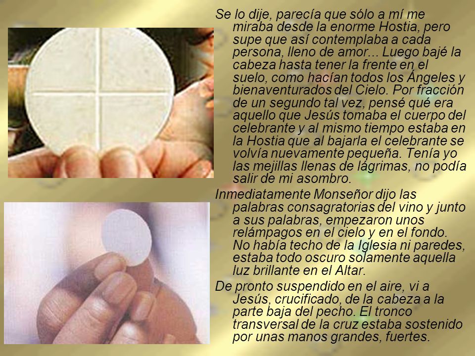 Se lo dije, parecía que sólo a mí me miraba desde la enorme Hostia, pero supe que así contemplaba a cada persona, lleno de amor... Luego bajé la cabeza hasta tener la frente en el suelo, como hacían todos los Ángeles y bienaventurados del Cielo. Por fracción de un segundo tal vez, pensé qué era aquello que Jesús tomaba el cuerpo del celebrante y al mismo tiempo estaba en la Hostia que al bajarla el celebrante se volvía nuevamente pequeña. Tenía yo las mejillas llenas de lágrimas, no podía salir de mi asombro.