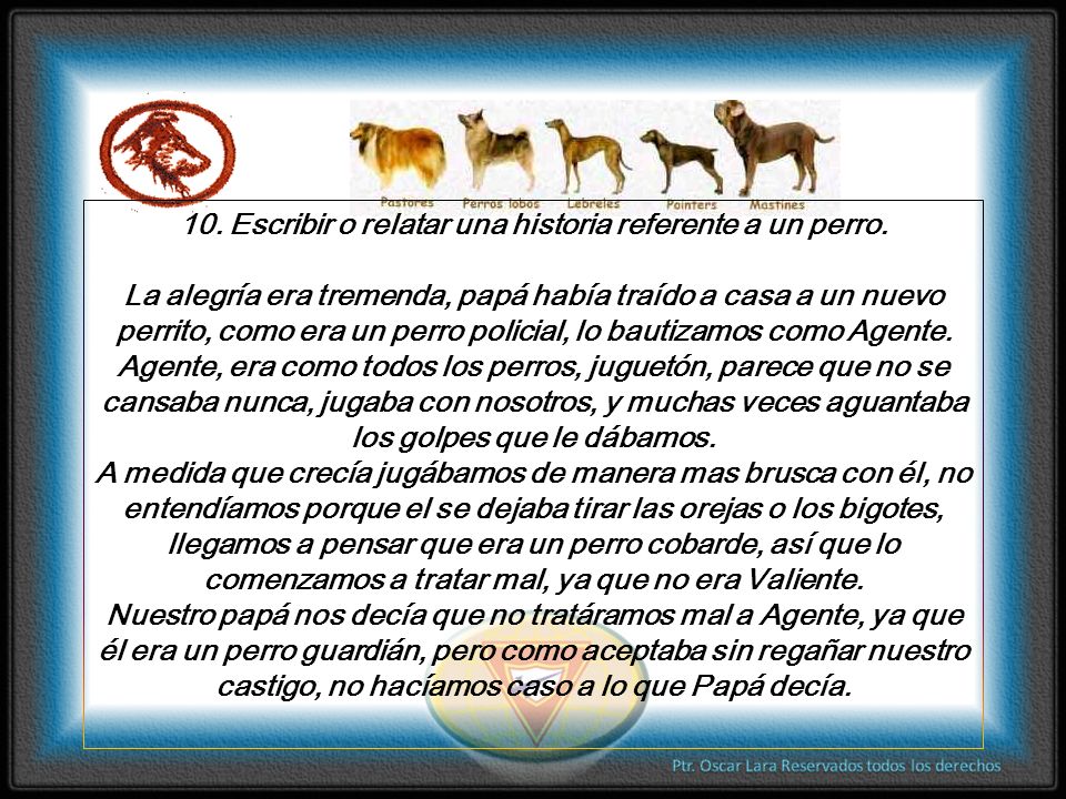 10. Escribir o relatar una historia referente a un perro.