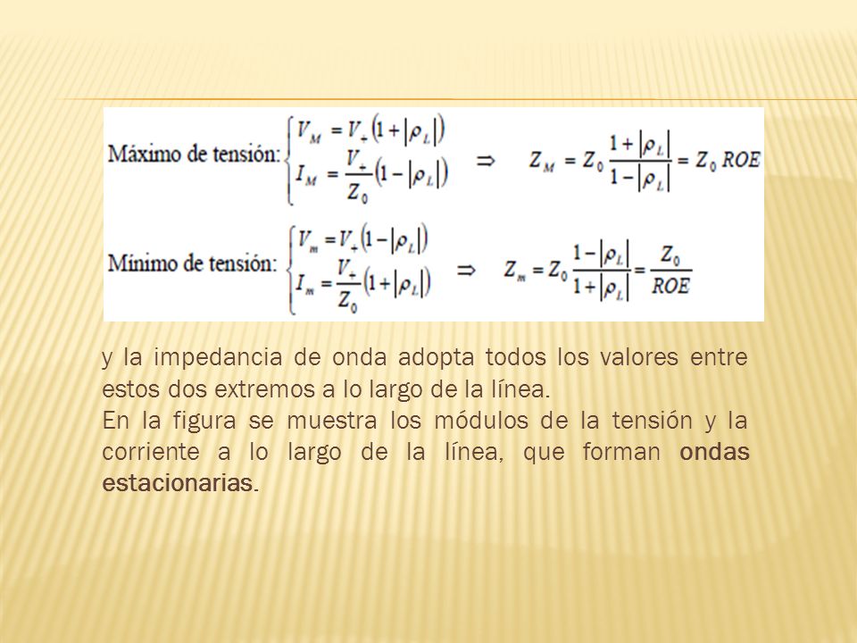 y la impedancia de onda adopta todos los valores entre estos dos extremos a lo largo de la línea.