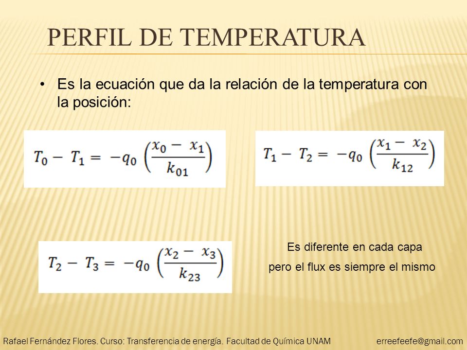 PERFIL DE TEMPERATURA Es la ecuación que da la relación de la temperatura con la posición: Es diferente en cada capa.