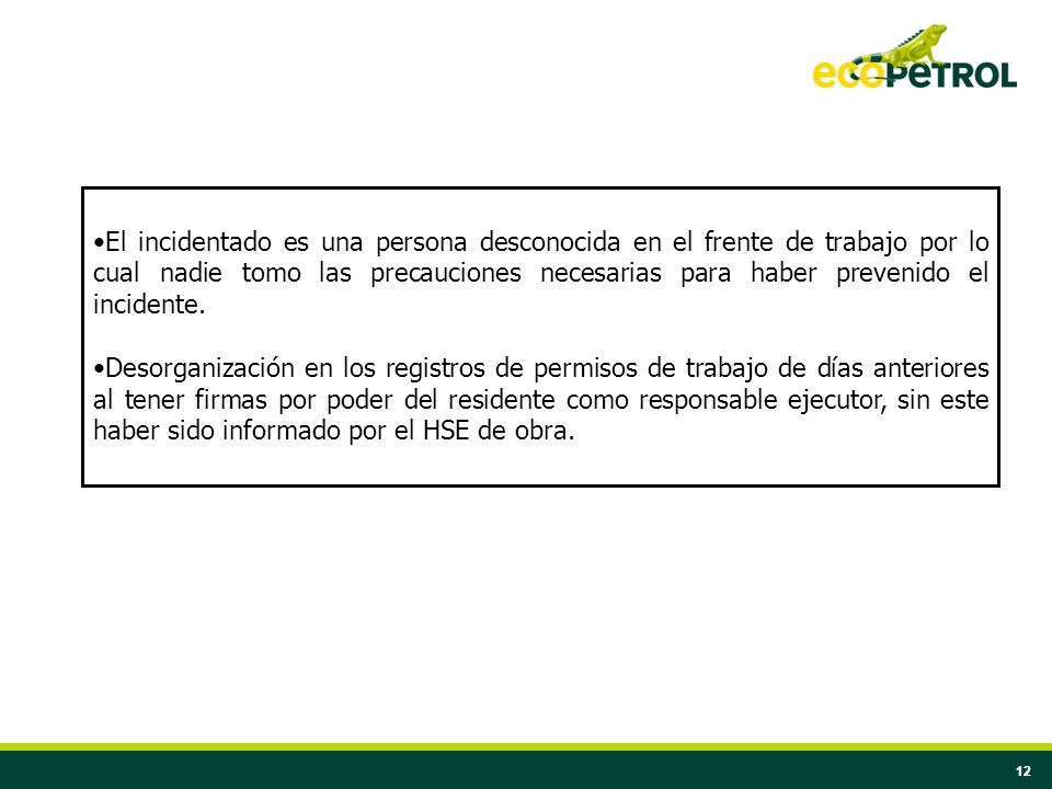 El incidentado es una persona desconocida en el frente de trabajo por lo cual nadie tomo las precauciones necesarias para haber prevenido el incidente.