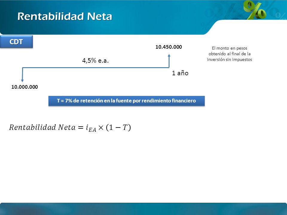 T = 7% de retención en la fuente por rendimiento financiero