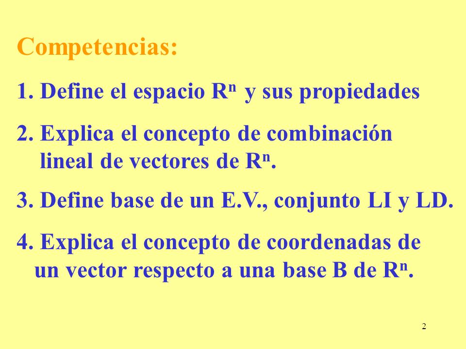 Competencias: 1. Define el espacio Rn y sus propiedades
