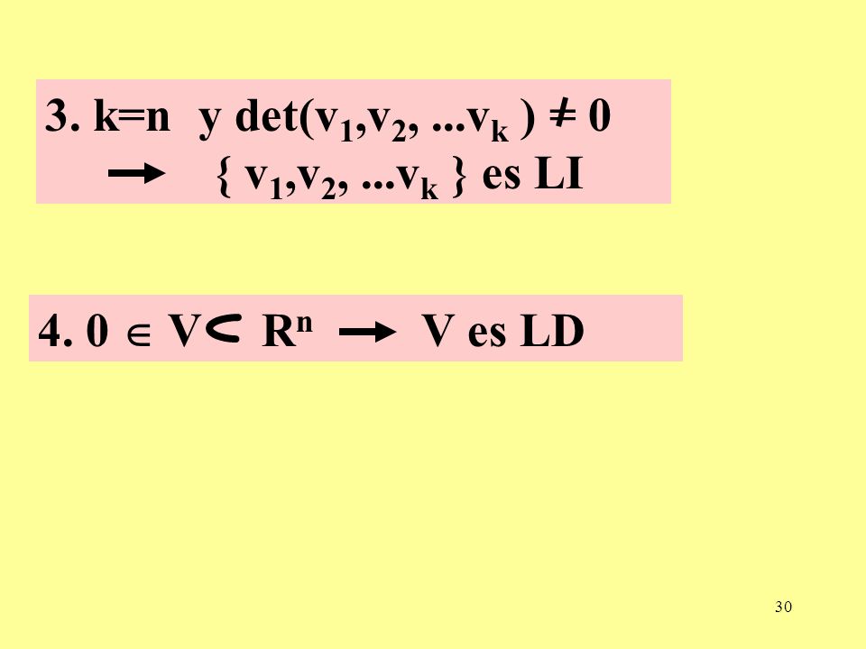 3. k=n y det(v1,v2, ...vk ) = 0 { v1,v2, ...vk } es LI 4. 0  V Rn V es LD