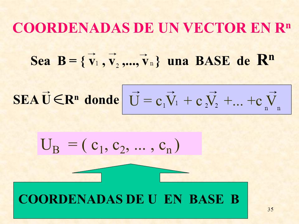 UB = ( c1, c2, ... , cn ) COORDENADAS DE UN VECTOR EN Rn