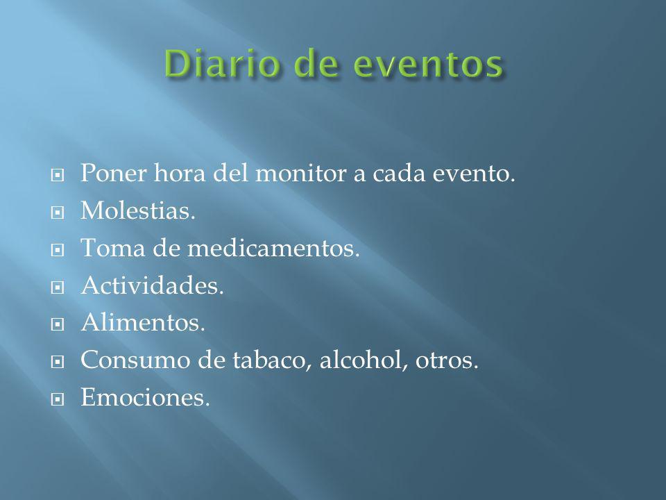 Diario de eventos Poner hora del monitor a cada evento. Molestias.