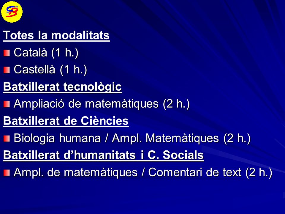 Totes la modalitats Català (1 h.) Castellà (1 h.) Batxillerat tecnològic. Ampliació de matemàtiques (2 h.)