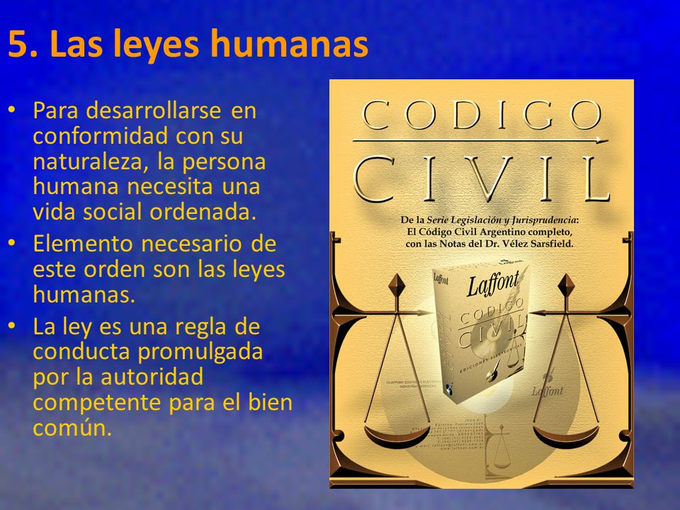 5. Las leyes humanas Para desarrollarse en conformidad con su naturaleza, la persona humana necesita una vida social ordenada.