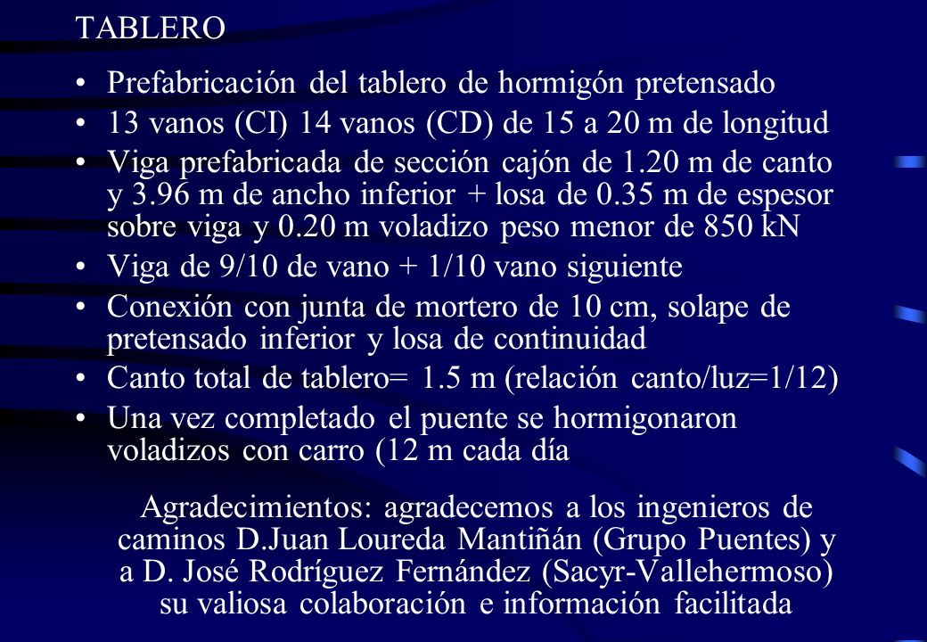 TABLERO Prefabricación del tablero de hormigón pretensado. 13 vanos (CI) 14 vanos (CD) de 15 a 20 m de longitud.