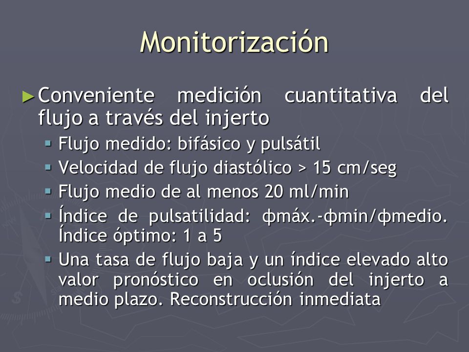Monitorización Conveniente medición cuantitativa del flujo a través del injerto. Flujo medido: bifásico y pulsátil.
