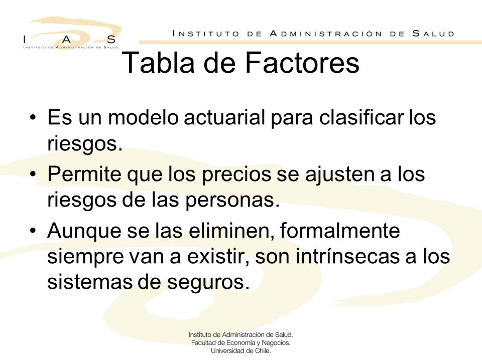Tabla de Factores Es un modelo actuarial para clasificar los riesgos.