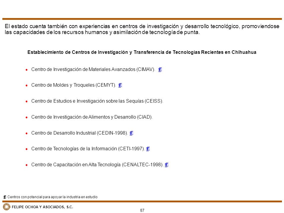 El estado cuenta también con experiencias en centros de investigación y desarrollo tecnológico, promoviendose las capacidades de los recursos humanos y asimilación de tecnología de punta.