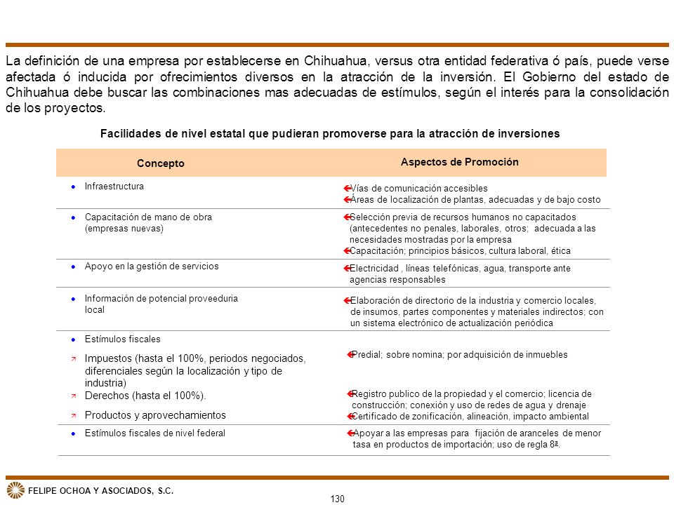 La definición de una empresa por establecerse en Chihuahua, versus otra entidad federativa ó país, puede verse afectada ó inducida por ofrecimientos diversos en la atracción de la inversión. El Gobierno del estado de Chihuahua debe buscar las combinaciones mas adecuadas de estímulos, según el interés para la consolidación de los proyectos.