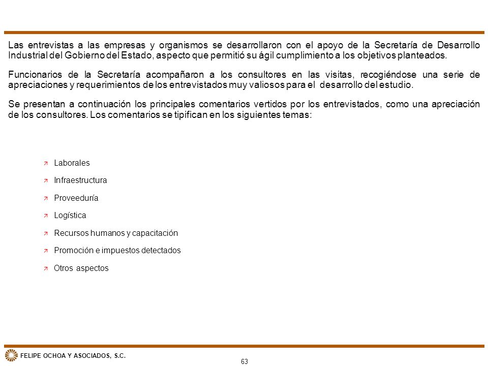 Las entrevistas a las empresas y organismos se desarrollaron con el apoyo de la Secretaría de Desarrollo Industrial del Gobierno del Estado, aspecto que permitió su ágil cumplimiento a los objetivos planteados.