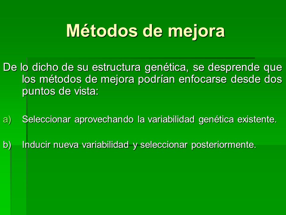 Métodos de mejora De lo dicho de su estructura genética, se desprende que los métodos de mejora podrían enfocarse desde dos puntos de vista: