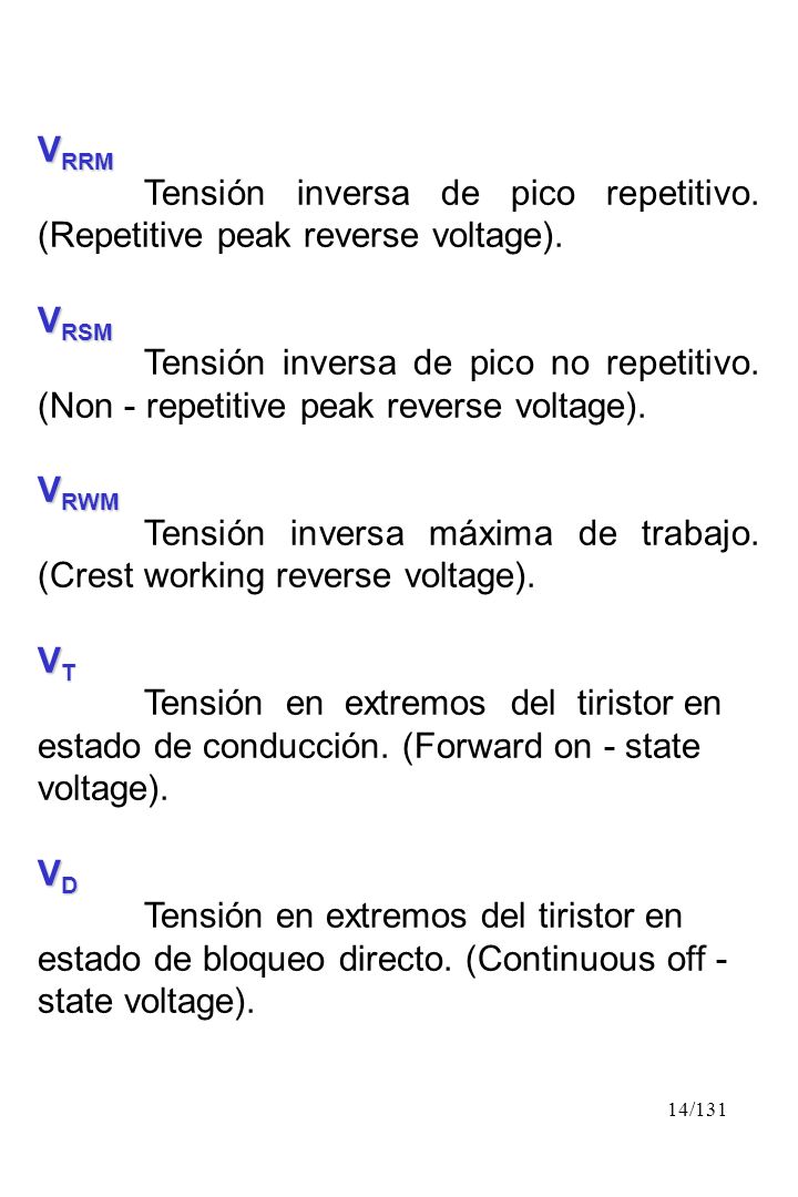 VRRM Tensión inversa de pico repetitivo. (Repetitive peak reverse voltage). VRSM.
