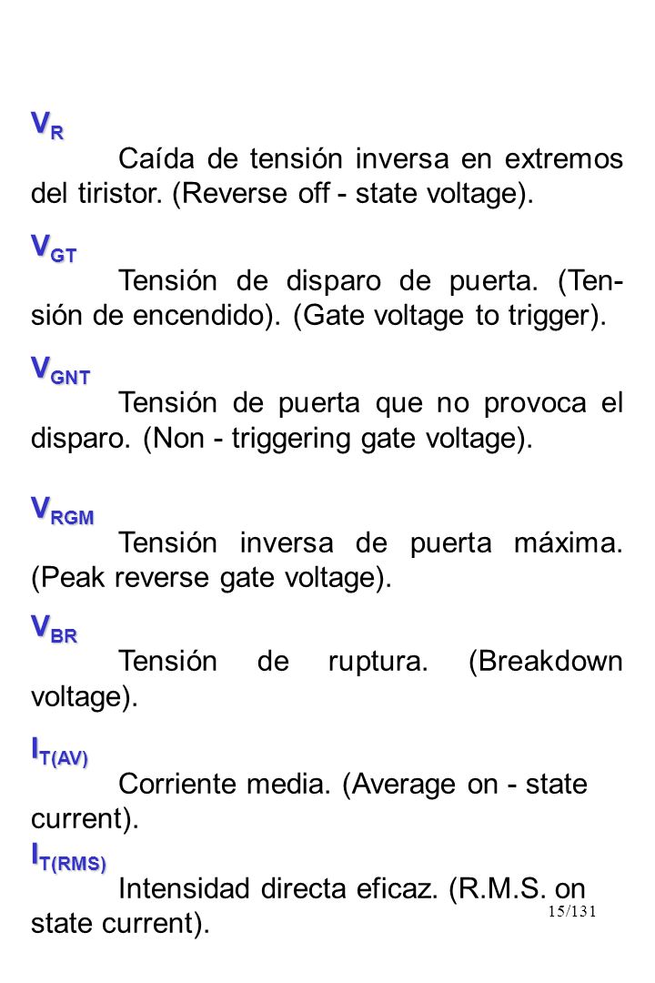 VR Caída de tensión inversa en extremos del tiristor. (Reverse off - state voltage). VGT.