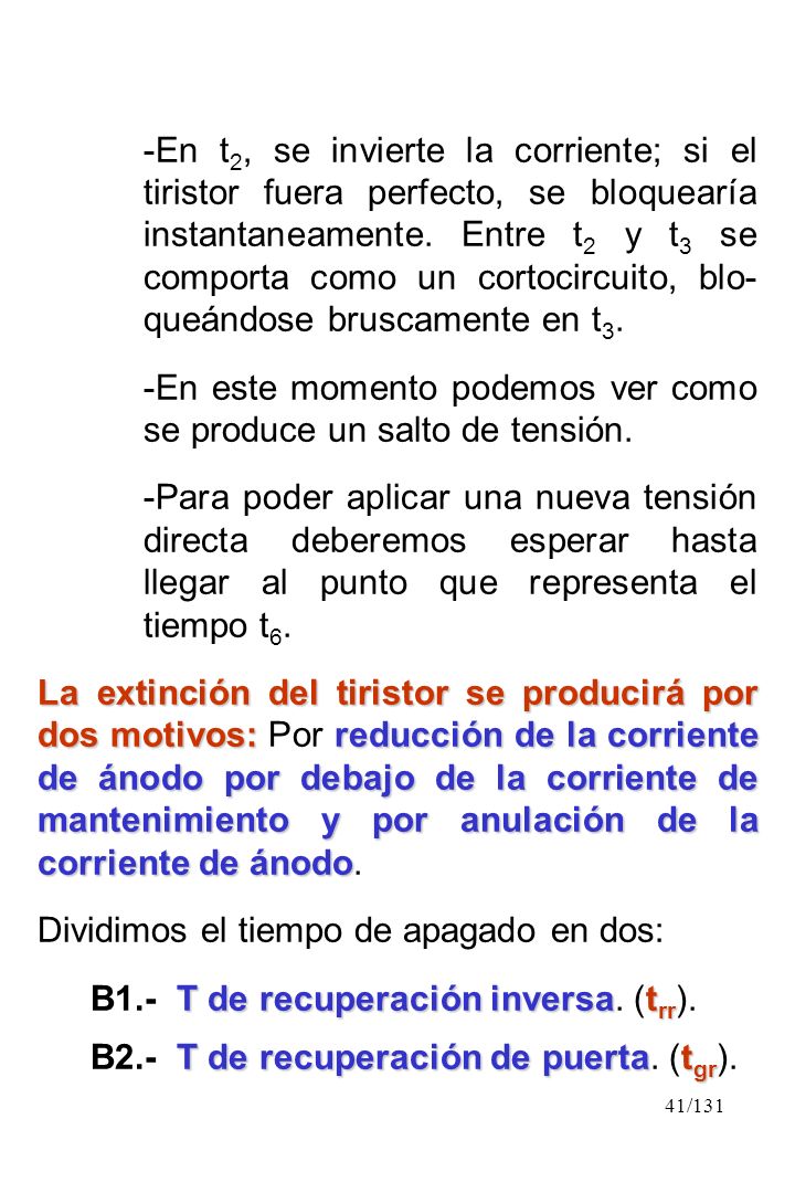 En t2, se invierte la corriente; si el tiristor fuera perfecto, se bloquearía instantaneamente. Entre t2 y t3 se comporta como un cortocircuito, blo-queándose bruscamente en t3.