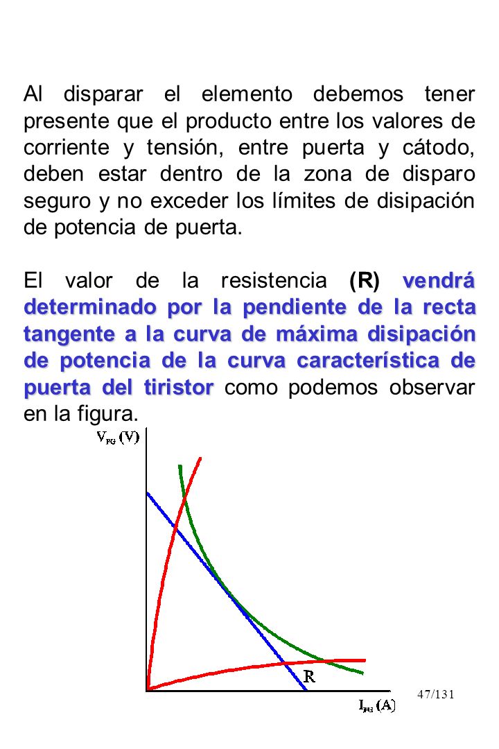 Al disparar el elemento debemos tener presente que el producto entre los valores de corriente y tensión, entre puerta y cátodo, deben estar dentro de la zona de disparo seguro y no exceder los límites de disipación de potencia de puerta.