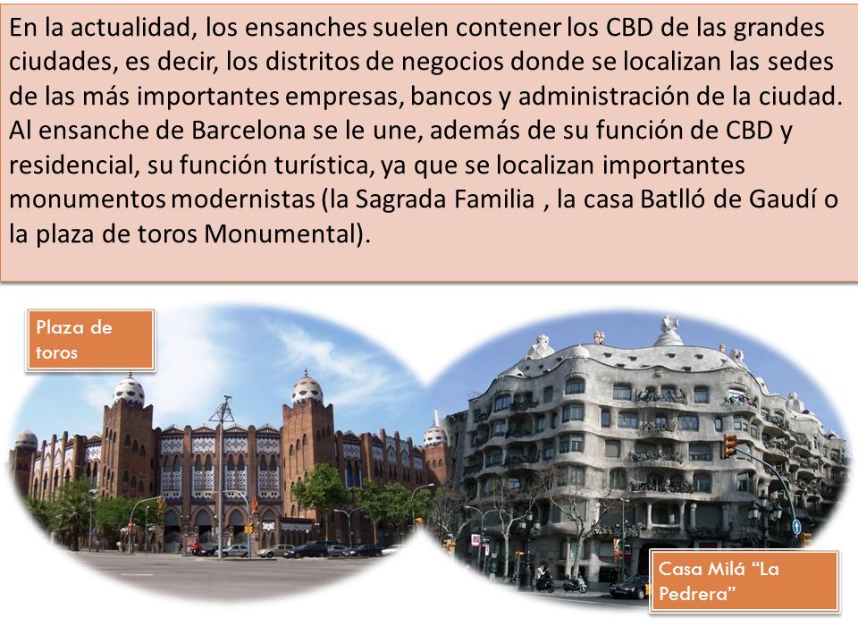 En la actualidad, los ensanches suelen contener los CBD de las grandes ciudades, es decir, los distritos de negocios donde se localizan las sedes de las más importantes empresas, bancos y administración de la ciudad. Al ensanche de Barcelona se le une, además de su función de CBD y residencial, su función turística, ya que se localizan importantes monumentos modernistas (la Sagrada Familia , la casa Batlló de Gaudí o la plaza de toros Monumental).