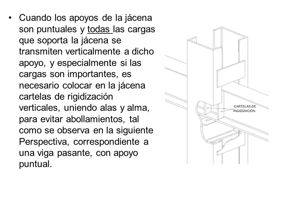 Cuando los apoyos de la jácena son puntuales y todas las cargas que soporta la jácena se transmiten verticalmente a dicho apoyo, y especialmente si las cargas son importantes, es necesario colocar en la jácena cartelas de rigidización verticales, uniendo alas y alma, para evitar abollamientos, tal como se observa en la siguiente Perspectiva, correspondiente a una viga pasante, con apoyo puntual.
