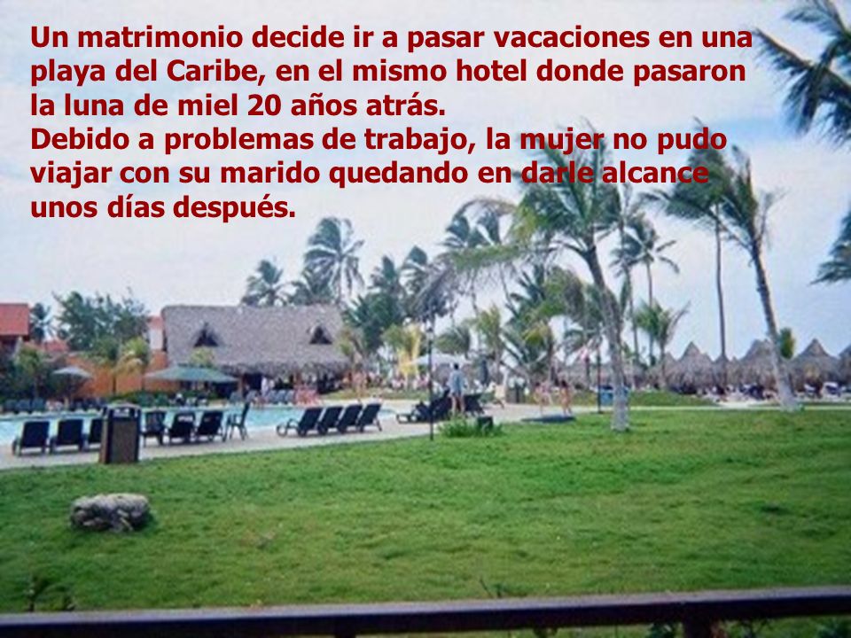 Un matrimonio decide ir a pasar vacaciones en una playa del Caribe, en el mismo hotel donde pasaron la luna de miel 20 años atrás.