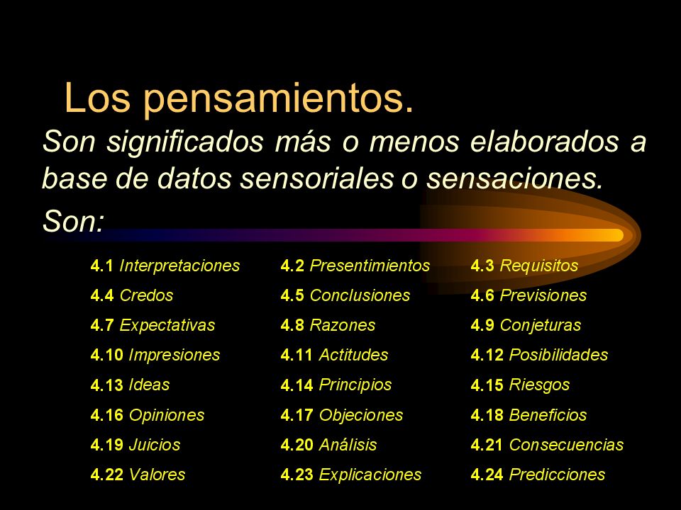 Los pensamientos. Son significados más o menos elaborados a base de datos sensoriales o sensaciones.