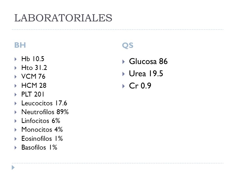 LABORATORIALES Glucosa 86 Urea 19.5 Cr 0.9 BH QS Hb 10.5 Hto 31.2