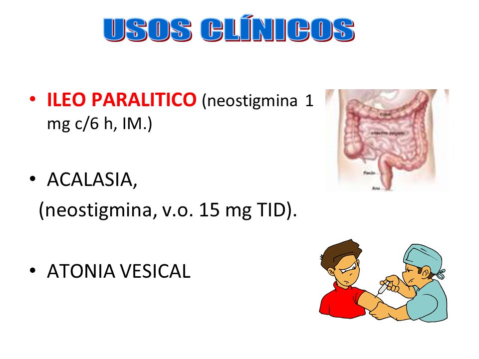 USOS CLÍNICOS ILEO PARALITICO (neostigmina 1 mg c/6 h, IM.) ACALASIA,