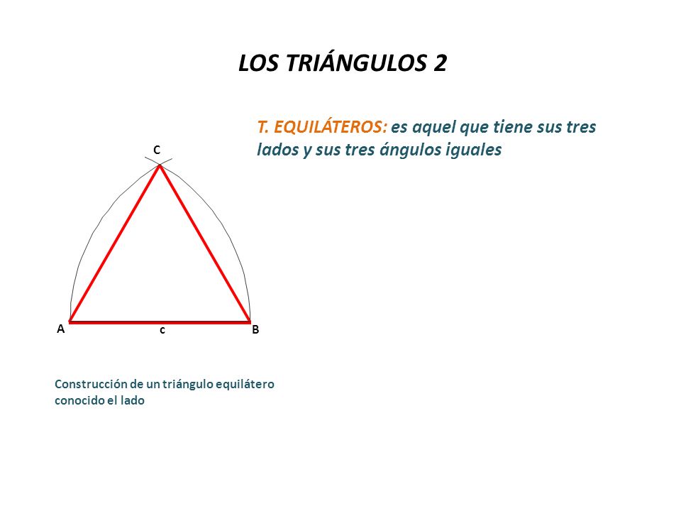 LOS TRIÁNGULOS 2 T. EQUILÁTEROS: es aquel que tiene sus tres lados y sus tres ángulos iguales. C. A.