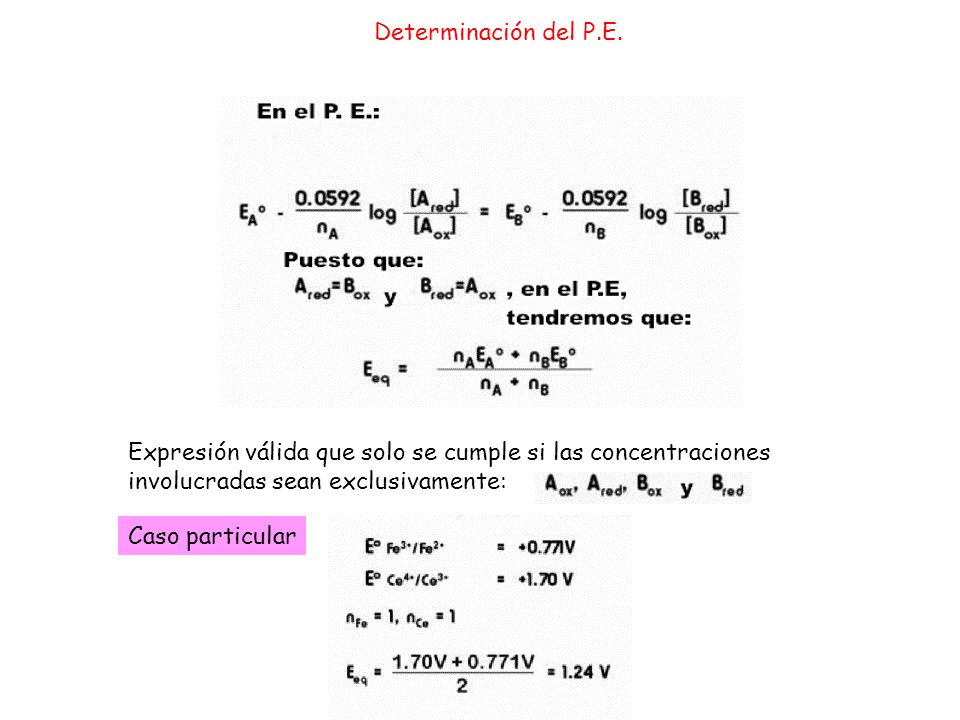 Determinación del P.E. Expresión válida que solo se cumple si las concentraciones. involucradas sean exclusivamente: