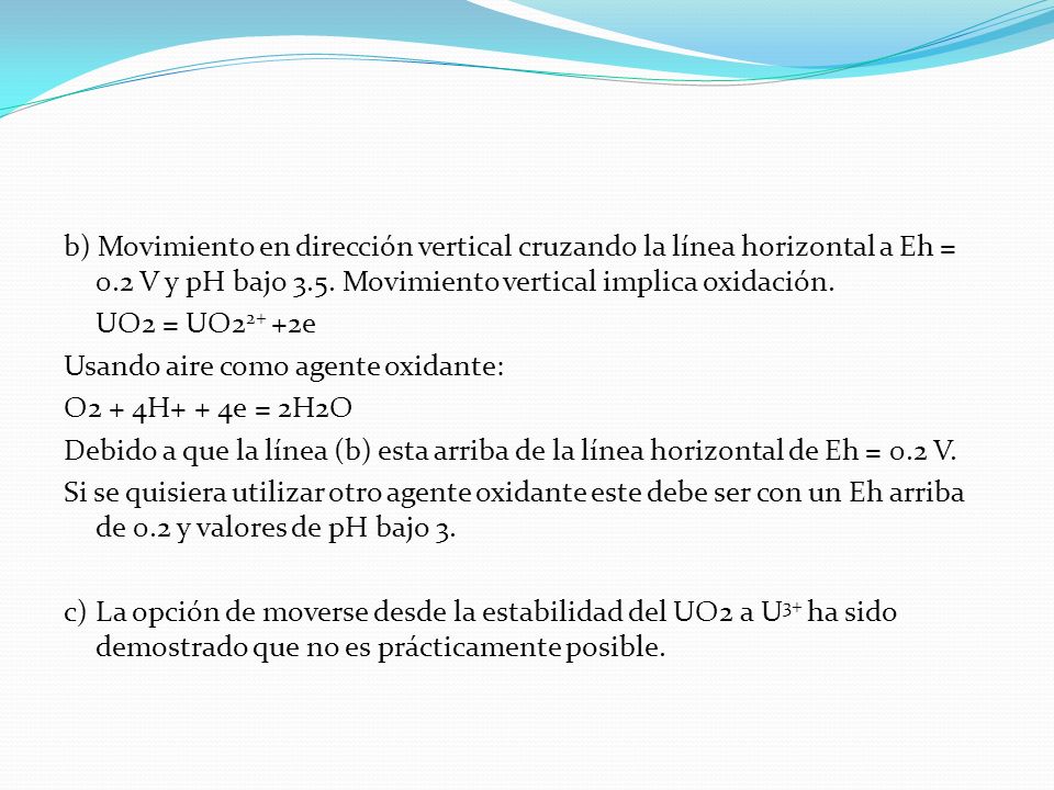 b) Movimiento en dirección vertical cruzando la línea horizontal a Eh = 0.2 V y pH bajo 3.5.
