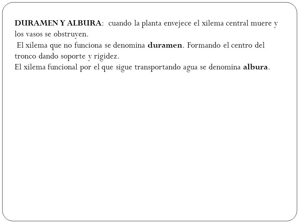 DURAMEN Y ALBURA: cuando la planta envejece el xilema central muere y los vasos se obstruyen.