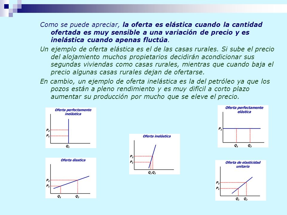 Como se puede apreciar, la oferta es elástica cuando la cantidad ofertada es muy sensible a una variación de precio y es inelástica cuando apenas fluctúa.