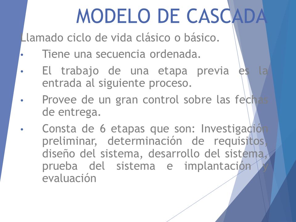 MODELO DE CASCADA Llamado ciclo de vida clásico o básico.