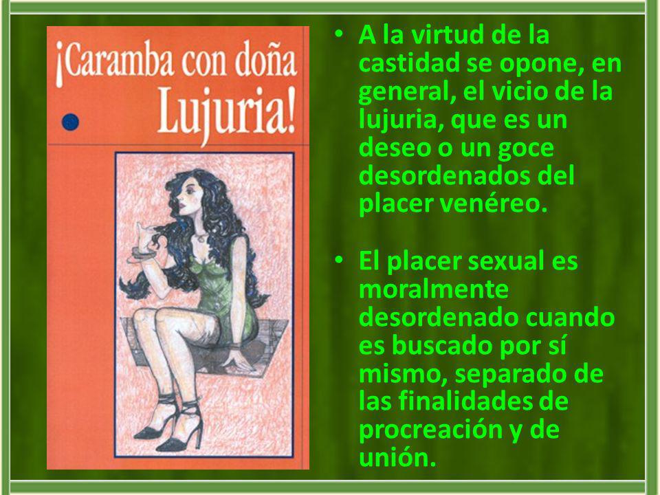 A la virtud de la castidad se opone, en general, el vicio de la lujuria, que es un deseo o un goce desordenados del placer venéreo.