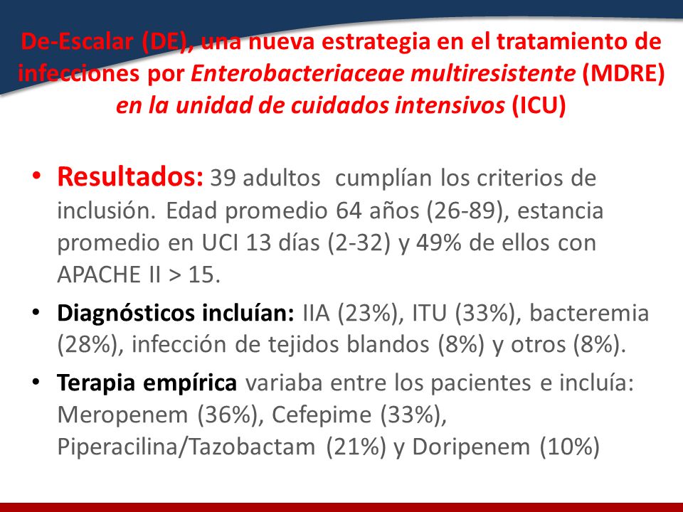 De-Escalar (DE), una nueva estrategia en el tratamiento de infecciones por Enterobacteriaceae multiresistente (MDRE) en la unidad de cuidados intensivos (ICU)